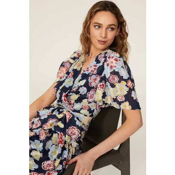 Tanya Taylor Brynn Floral Mini Wrap Dress Womens 18 Navy Floral Flutter Sleeves - Picture 5 of 16